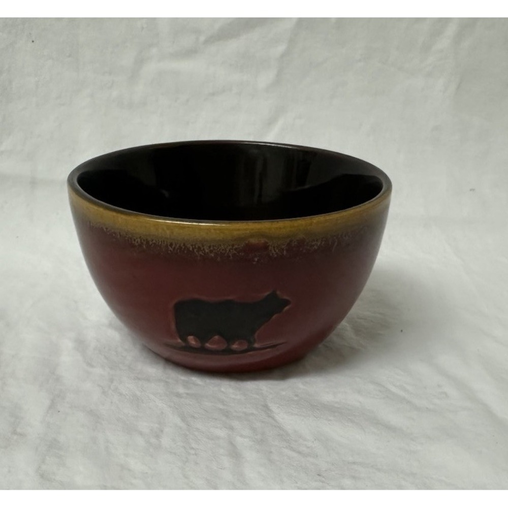 Home Studio Woodland Red Stoneware Bowl Black Bear Pine Tree Rustic Lodge 4 3/8"